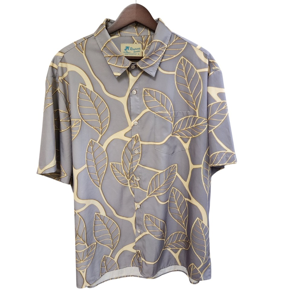 Royaura Hawaiian Shirt Mens XL Grey Cream Leaf Print Short Sleeve Button Down